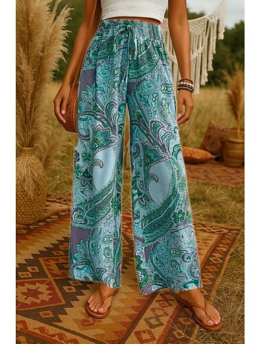  Damen Weites Bein Hosen Hose Böhmische Lässig Lang Hohe Taille Einfach Drucken Elastisches Kordelzugdesign Hoher Schnitt Atmungsaktivität Weich Mikroelastisch Urlaub Straße Alltagskleidung Gelb