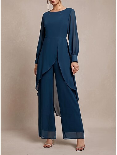  Tailleur Pantalon Robe de Mère de Mariée  Élégant Col ras du cou Asymétrique Chiffon manche longue avec Couleur Unie 2025
