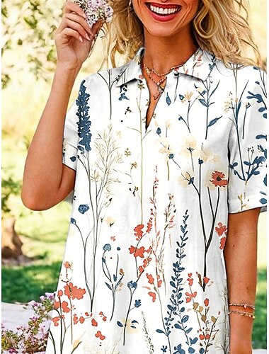 Damen Midikleid Hemdblusenkleid A Linie Kleid Urlaub Lässig Ferien Date Lässiger Schnitt Blumen Grafik Blatt Kurzarm Hemdkragen Sahne Sommer