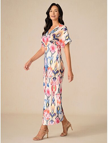  Damen Maxikleid Etui-Kleid Elegant Hochzeit Party Normale Passform Grafik Kurzarm V Ausschnitt Rosa Frühling