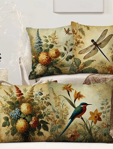  Vintage Pastoral Dekorativa Kuddöverdrag 4PC Mjukt Fyrkantigt Soffkuddöverdrag Kuddöverdrag för Sovrum Vardagsrum Soffa Stolv