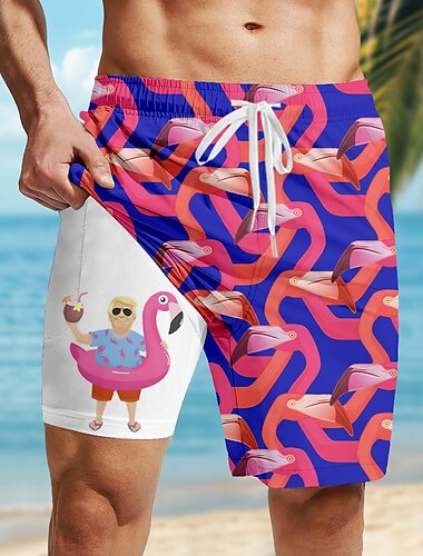  Herren Flamingo Lustig Gefütterte Shorts 2 in 1 Badeshorts Badeshorts Mittlere Taille Hawaiianisch Urlaub Ferien Strandbekleidung Seitentaschen Mit Kompressionsfutter Elastischer Kordelzug in der