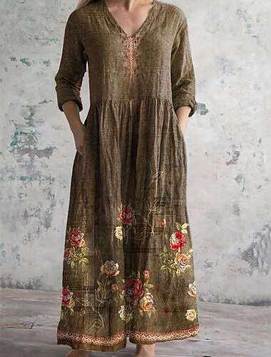  Damen Midikleid Baumwoll-Leinenkleid Boho-Kleid Klassisch Modern Outdoor Urlaub Ferien Normale Passform Blume Langarm V Ausschnitt Purpur Braun Aprikose Beige Sommer
