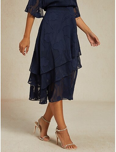  Damen Rock Elegant Midi Mittlere Taille Röcke Blumenmuster Geschichtet Unelastisch Party Lässig Marinenblau Sommer Chiffon