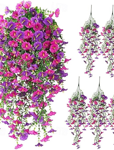  5 flores artificiales colgantes de gloria de la mañana para exteriores, resistentes a los rayos UV, petunias falsas realistas de seda artificial, enredaderas largas de eucalipto de gloria de la mañana para jardineras de interior, porche, patio, decoración