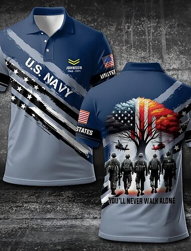  Amerikanischer Unabhängigkeitstag Herren Amerikanische US-Flagge Militär Polo Kurzarm Polo-Shirts Hemden mit Kragen Lässig Outdoor Alltagskleidung 3D-Druck Sommer Blau