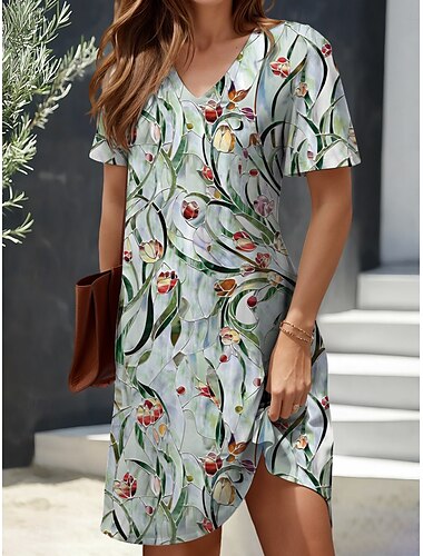  Femmes Mini Robe Robe Tricot Robe Décontractée Robe T-Shirt Robe d'Été Vacances Occasionnel Chaussures de plage Coupe régulière Fleuri Graphique Manche Courte Col en V Vert Claire Été