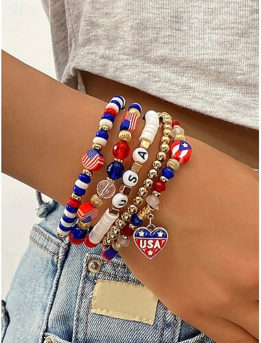  Conjunto de pulseras patrióticas con cuentas para mujer: brazaletes elásticos con dijes de EE. UU. en rojo, blanco y azul. Joyas para el Día de la Independencia del 4 de julio, ideales para atuendos festivos y fiestas.