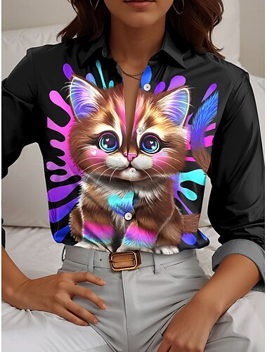  Lil Kitty par Sheena Pike Chemise femme graphique animal chat élégant moderne décontracté manches longues col régulier hauts travail quotidien boutons imprimé noir printemps automne hiver