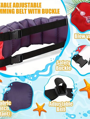  1 Stück aufblasbarer Schwimmgürtel für Erwachsene – verstellbare Auftriebshilfe mit Schnalle &Seil, rot/blau PVC Pool-Trainingsgerät für Schwimmanfänger &Experten, tragbar für Pool, See, Meer