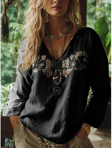  Damen Bluse Blumen Grafik Paisley-Muster Bohemien Vintage Tropisch Dreiviertelarm V Ausschnitt Normale Oberteile Schwarz Weiß Rote Grün Sommer Frühling