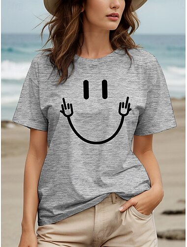  Mulheres Camiseta Camisa de algodão Gráfico Vintage à moda Casual Manga Curta Gola Redonda Decote Redondo Tops regulares Diário Imprimir Preto Branco Cinzento Verão