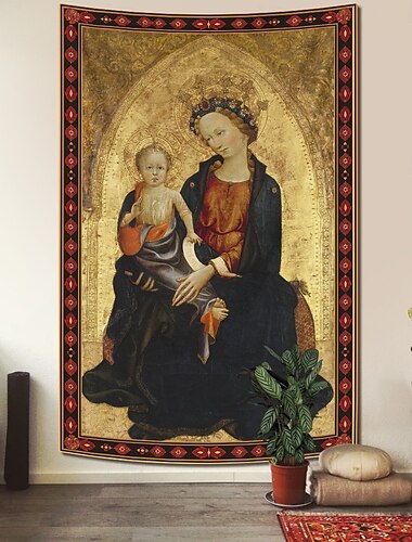  Tapestry Medieval Tapestry da Idade Média Arte Gótica Grande Mural Fotografia Fundo para Decoração de Casa Quarto Sala de Estar A Coroação da Virgem com a Trindade