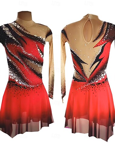  Abito da pattinaggio artistico Per donna Ragazze Pattinaggio sul ghiaccio Vestito Rosso Foro per il pollice tintura sfumata Alta elasticità Professionale Competizione Vestiti da pattinaggio sul