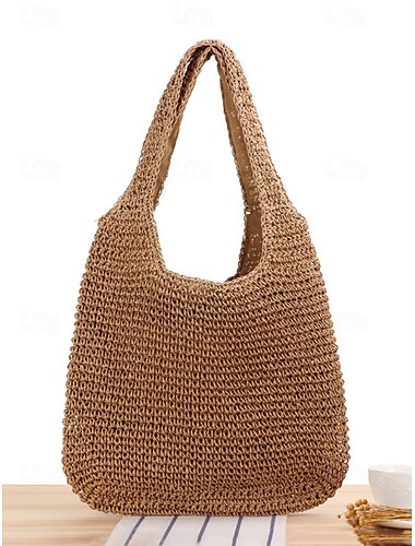  Handgemachte Umhängetasche aus gewebtem Stroh für Damen – große Boho-Strandtasche für Sommerreisen, Urlaub und lässige Outfits, braun-beige
