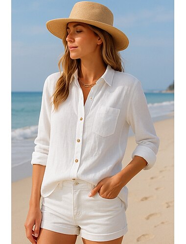  Damen Knopfleiste Baumwoll-Leinen-Hemd Einfach Basic Modern Langarm Hemdkragen Normale Oberteile Täglich Knöpfe Weiß Blau Sommer
