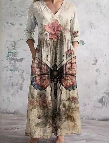  Damen Langes Kleid Maxikleid Freizeitkleid Boho-Kleid Elegant Mode Romantisch Outdoor Urlaub Ferien Normale Passform Schmetterling Langarm V Ausschnitt Khaki Sommer Frühling
