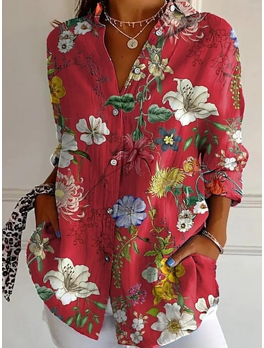  חולצת נשים עם כפתורים חולצת טוניק צווארון שרוול ארוך גרפיקה פרחונית נוסטלגית טרופית הוואי ללא שרוולים טופים רגילים עבודה חופשות הדפס לבן אדום אביב סתיו חורף