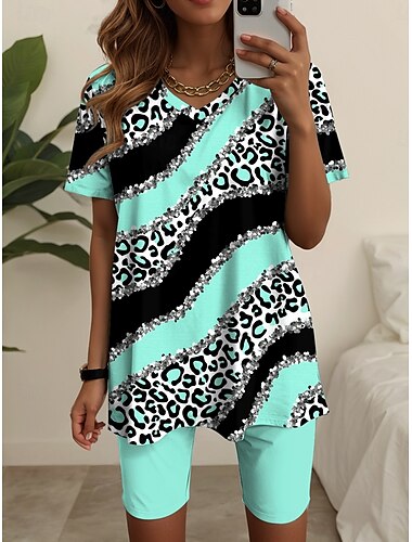  Completi moda da donna 2 pezzi set t-shirt e pantaloni corti maniche corte scollo a V stampa grafica geometrica casual quotidiano rosa blu verde estate vestibilità regolare