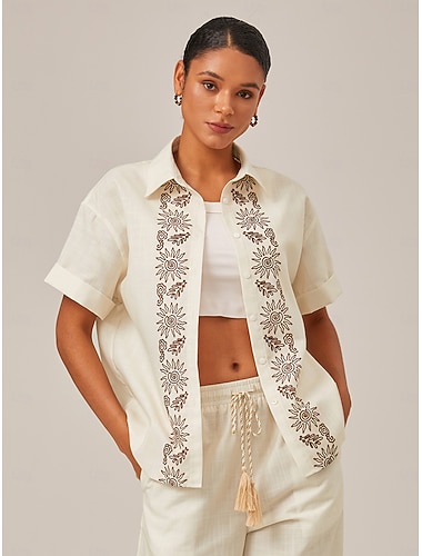  Γυναικεία Γυναίκα Πουκάμισο με κουμπιά Casual πουκάμισο Causal Φανέλα Σομόν Κουμπιά Στάμπα Κοντομάνικο Κομψό Βοημία Διακοπές Κολάρο Πουκαμίσου Καλοκαίρι