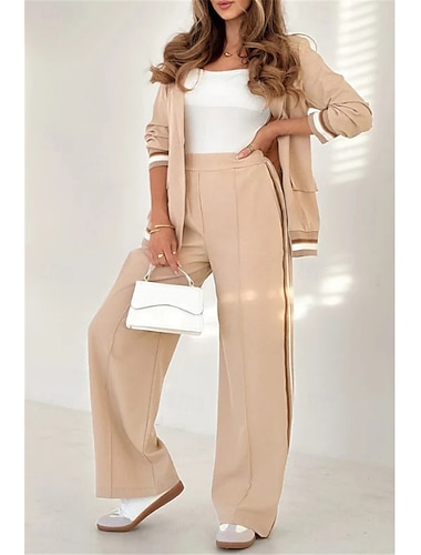  Frauen 2-teilig Elegant Mode Streetwear Hosen Sets Blazer Anzüge Langarm Hemd Kragen Gestreift Outdoor Arbeit Schwarz Weiß Braun Sommer Reguläre Passform