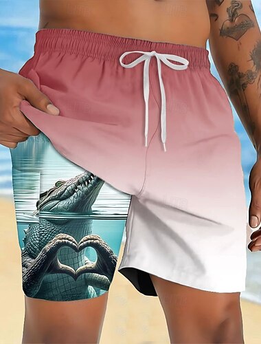  Herren Tiermotiv Krokodil Lustig Gefütterte Shorts 2 in 1 Badeshorts Badeshorts Mittlere Taille Hawaiianisch Urlaub Strandbekleidung Seitentaschen Mit Kompressionsfutter Elastischer Kordelzug in der