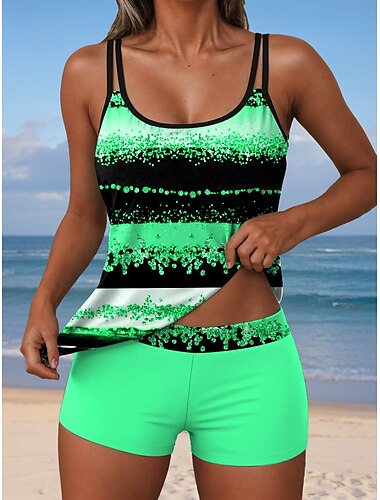 Frauen Badeanzüge Tankini 2tlg Shorts Badeanzug Rückenfrei Urlaub Strandkleidung Grafik Geometrisch U-Ausschnitt Ärmellose Badeanzüge