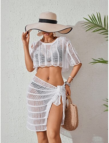  Damen Badeanzüge Cover Up 2 Teile Rock Badeanzug Urlaub Strandbekleidung Einfarbig Rundhals Langarm Badeanzüge
