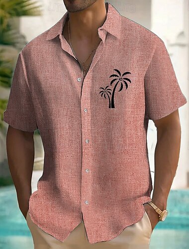  Per uomo Albero di Cocco Piante Tropicali Camicia di lino Camicia hawaiana estiva Camicia con Bottoni Manica Corta Hawaiano Resort Vacanza Ferie Abbigliamento mare Estate Primavera Collo ripiegato