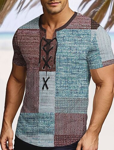  Herren Patchwork Hemd Kurzarm T-Shirt 3D-Druck Schnürhals Hemd Urlaub Mode Lässig Straße Lässig Täglich Blau Purpur Braun Sommer Frühling Bekleidung S M L XL XXL XXXL