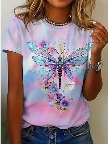  Mulheres Camiseta Tops de verão Borboleta Cores Gradiente Clássico Casual Manga Curta Gola Redonda Tops curtos Diário Final de semana Imprimir Arco-íris Verão Primavera Outono