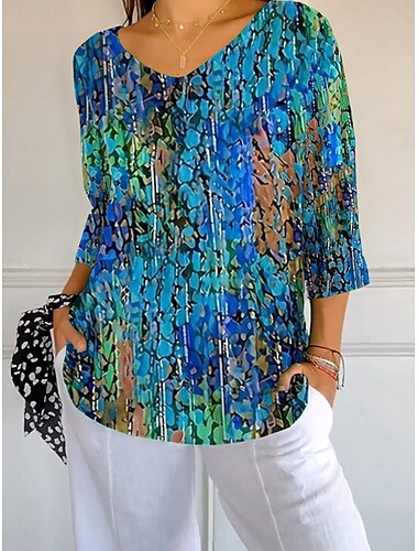  Mujer Blusa Floral Graphic Plantas Elegante Casual Manga 3/4 Escote en Pico Tops regulares Diario Azul Real Rosa Brillante Verano Primavera