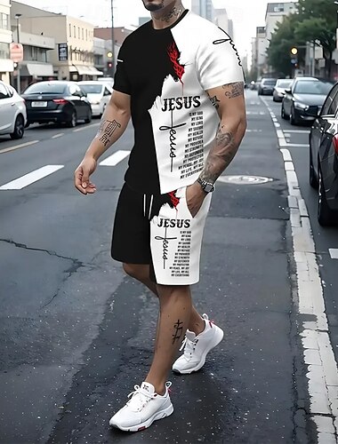  イースター 男性用 グラフィック 2個 ティーセット 夏のトップス 半袖 ショートパンツ クルーネック ヴィンテージ カジュアル 日常 3Dプリント 夏 ブラックホワイト