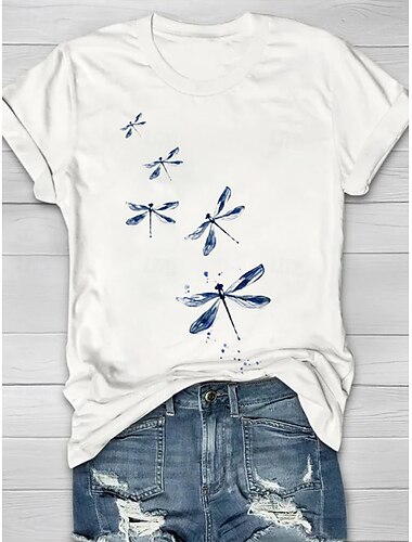  Women's T Shirt Graphic Dragonfly Vintage Stylish Classic Short Sleeve Crew Neck Round Neck Regular Tops Daily Print White Navy Blue Summer Spring