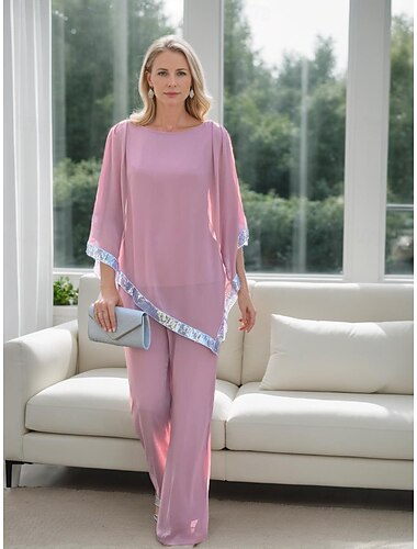 Zweiteilig Overall / Hosenanzug Brautmutterkleid Elegant Einfach Minimalistisch Rundhalsausschnitt Knöchellänge Chiffon Halbarm mit Falten Paillette 2025