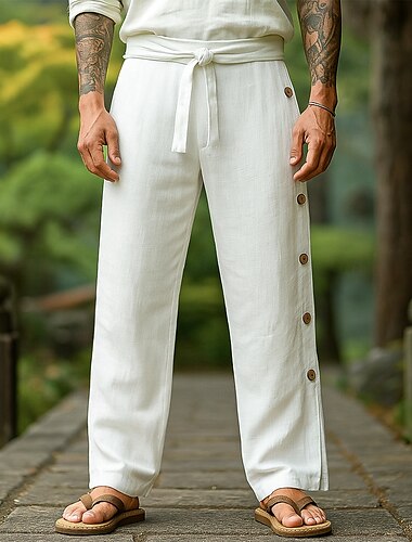  Voor heren Linnen broek Broek Zomerbroek Knop Trekkoord Elastische taille Effen Comfort Ademend Volledige lengte Buiten Casual Dagelijks Modieus Klassieke Stijl Wit Micro-elastisch