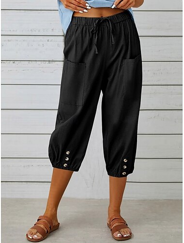  Damen Capri-Hosen Einfarbig Chinos Mode Ethnischer Stil Basic Knöchellang Hoher Taillenschnitt Schlicht Tasche Kordelzug Komfort Outdoor Mikrofaser Urlaub Street Alltag Schwarz Weiß Khaki Hellblau
