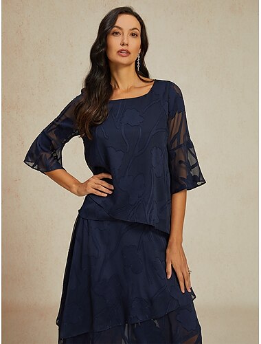  Damen Spitzenbluse Bluse Elegante Oberteile Chiffon Tops Einfarbig Elegant Stilvoll Basic Dreiviertelarm Glockenärmel U-Boot-Ausschnitt Normale Oberteile Hochzeitsgast Arbeit Täglich Asymmetrischer