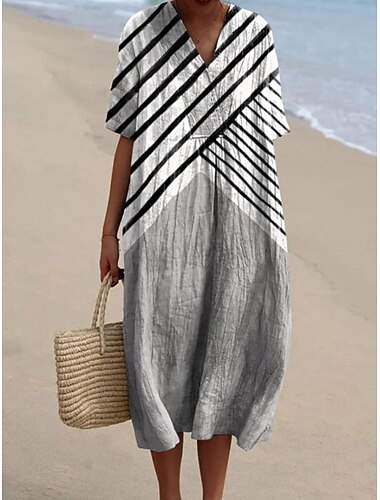  Damen Midikleid Sommerkleid A Linie Kleid Urlaub Lässig Strand Party Ausgehen Strand Lässiger Schnitt Grafik Geometrisch Kurzarm V Ausschnitt Weiß+Schwarz Dunkelbraun Asche Sommer Frühling