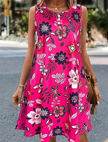  Damen Minikleid Sommerkleid Unterkleid Boho-Kleid Mode Modern Täglich Strand Wochenende Normale Passform Blumen Ärmellos Rundhalsausschnitt Weiß Rote Grün Sommer