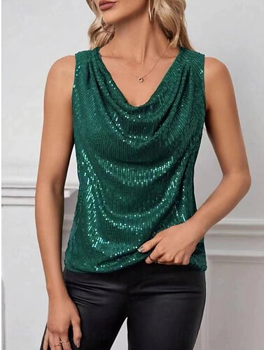  Femmes Débardeur caraco Couleur Unie Quotidien Occasionnel Sans manches Bretelle Hauts Réguliers Quotidien Paillettes Noir Champagne Vin Vert Été Printemps