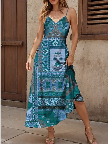  Women's Maxi Dress A Line Dress Slip Dress Vacation Casual Boho Beach Form Fit Graphic Vintage Bohemian Sleeveless V Neck Red Blue Purple Green Summer Spring