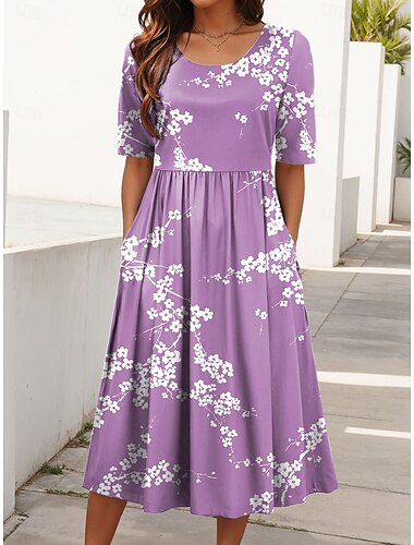  Damen Midikleid Sommerkleid Faltenkleid Urlaub Lässig Strand Täglich Ferien Normale Passform Blumen Grafik Kurzarm Rundhalsausschnitt Blau Purpur Grün Sommer