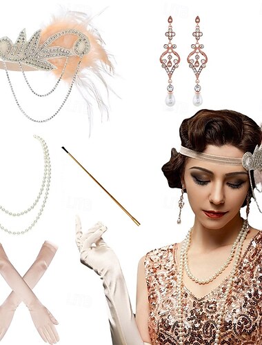  1920er Der große Gatsby Flapper-Stirnband Perlenarmband Ohrringe Der große Gatsby Feder Retro Funkelnder Glitzer Kristall / Strass Damen Karneval Valentinstag Maskerade Party-Abendmode Maskerade