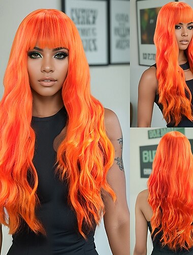  Parrucca Sintetica Ondulato Tessitura riccia Taglio Scalato Con Frangia Fatto a macchina Parrucca 28 pollici A1 Capelli Sintetici Per donna Classico Confortevole Gradiente di colore Arancione