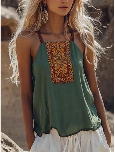  Kvinnors camisole tank topp blommig paisley bohemisk hawaiiansk stil ärmlös rem regelbundna toppar vardag tryck grön sommar vår
