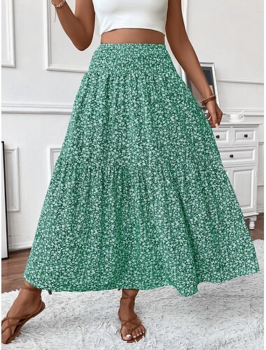  Falda de mujer Falda larga A Line Moda Casual Falda alta a la cintura Impresión Floral Microelástico Calle Diaria Negro Amarillo Rosa Verde Verano Poliéster