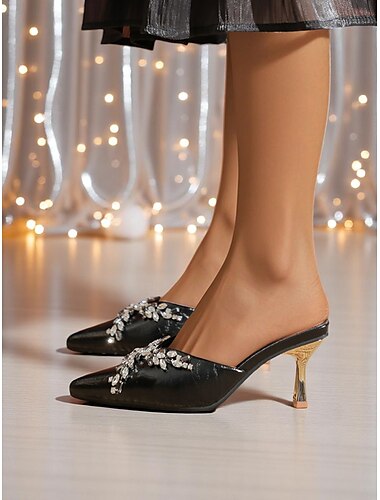 Schwarze Damen-Pantoletten mit spitzer Zehenpartie und Strasssteinen – Kitten Heels zum Hineinschlüpfen mit Kristallverzierungen für elegante Cocktailpartys und Abendveranstaltungen