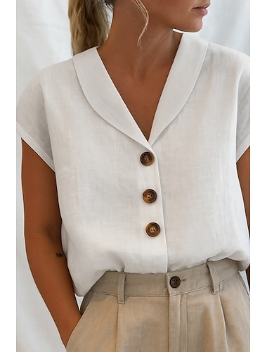  Dames Overhemd Katoenen linnen overhemden Linnen overhemd Knoop omhoog Effen Dagelijks Basic Casual Korte mouw V-hals Normale tops Dagelijks Feestdagen Uitgaan Knop Wit Zomer