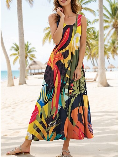  Damen Midikleid Sommerkleid A Linie Kleid Schulterfreies Kleid Urlaub Lässig Formpassend Grafik Blatt Geometrisch Ärmellos U-Ausschnitt Regenbogen Sommer